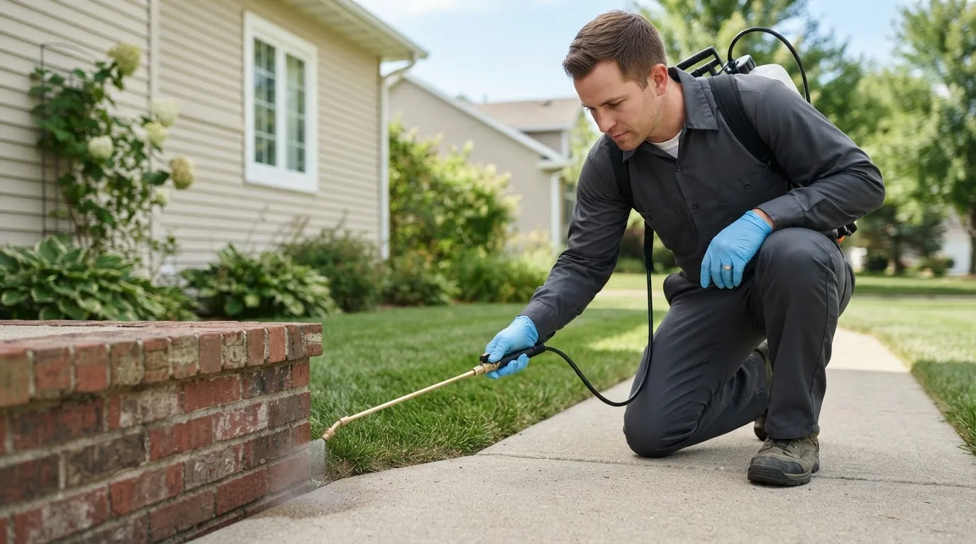 Pest control technician treating a home near Belmont, WV